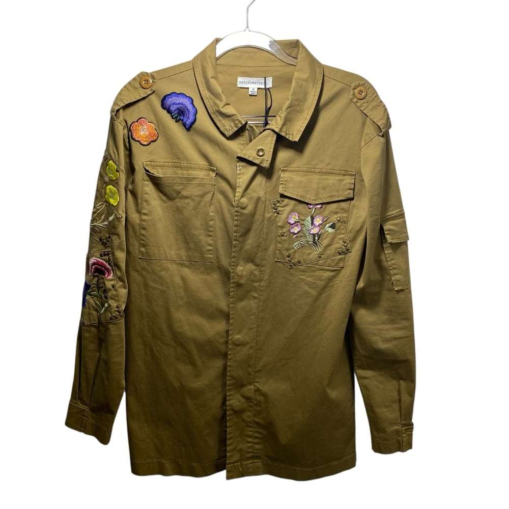 Dance & Marvel Utility Floral Boho Embroiderd Studded Cargo Jacket Olive M Green
